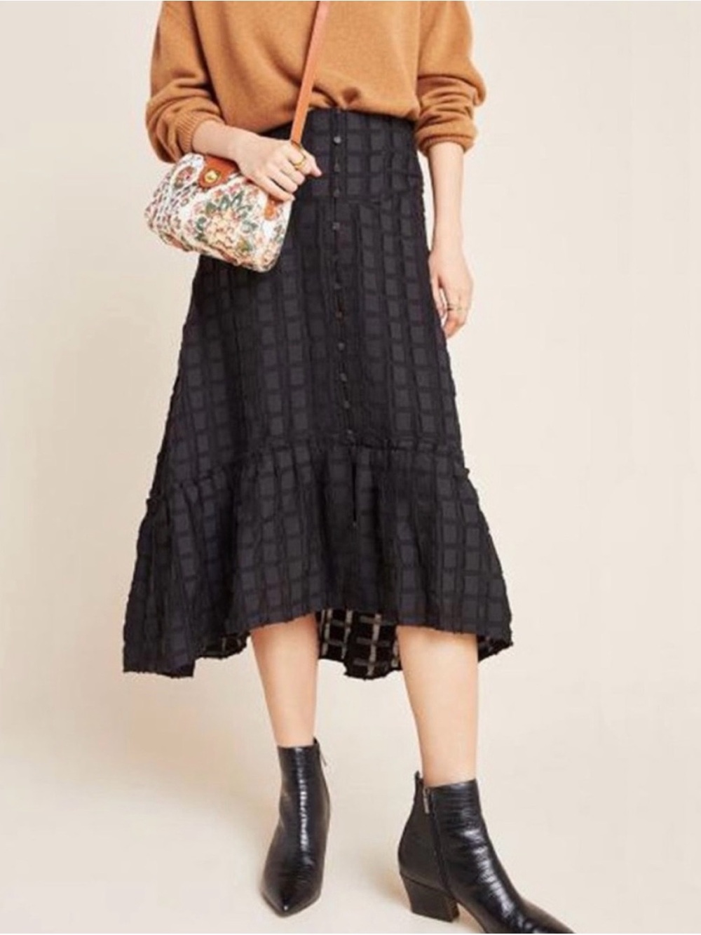 Maeve by Anthropologie Black High-Low Button-Front Midi Skirt
